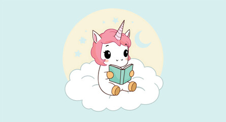 adorable pink-haired unicorn reading a book on a cloud