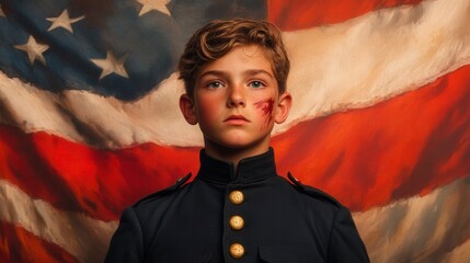 Young Drummer Boy in Civil War Uniform Against American Flag Background Evoking Historical Emotion