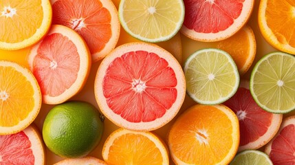Vibrant Citrus Fruits Arranged in a Colorful Display of Slices and Whole Varieties