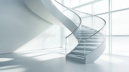 Obraz premium 70.A dynamic angle of a modern staircase with glass side panels and a seamless spiral design, casting soft shadows on a white abstract surface.