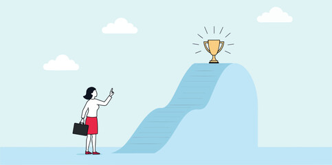 businesswoman poised for success: reaching for a trophy at the top of a symbolic staircase