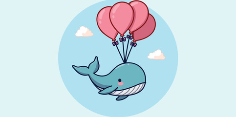 cute cartoon whale soaring with pink balloons