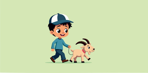 smiling boy joyfully walks his adorable goat on a leash