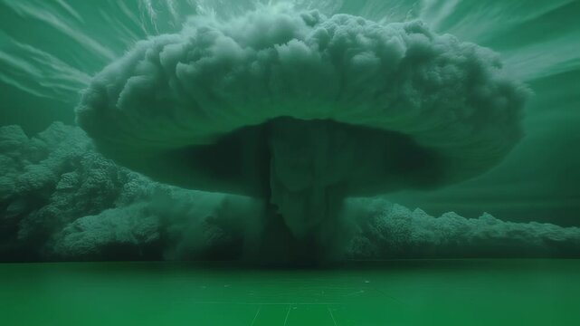 Massive mushroom cloud rising from nuclear explosion, isolated on green screen background for easy compositing into visual effects projects