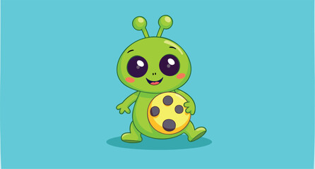 cheerful green alien character holding a yellow disc