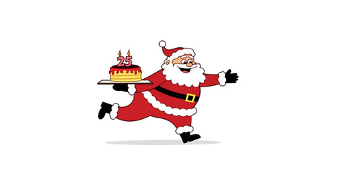 jolly santa claus running with a delicious 25th anniversary cake