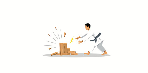 focused martial artist in a white uniform demonstrates a powerful stance breaking wooden blocks with a lightning-like effect