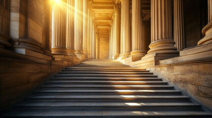Fototapeta premium 44.A grand staircase leading to a row of classical stone columns, with intricate carvings and sunlight highlighting the timeless architecture.