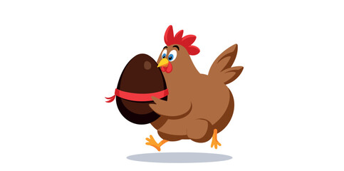 cheerful brown hen carries a large chocolate easter egg tied with a red ribbon.