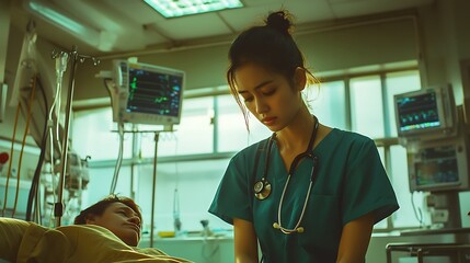 A concerned nurse attends to a patient in a hospital room