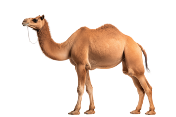 A single dromedary camel standing in profile against a completely  image view on transparent background png