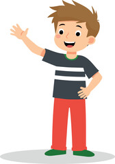 cheerful cartoon boy in casual clothing smiling and waving