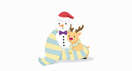 cheerful snowman and reindeer share a warm embrace symbolizing holiday friendship.