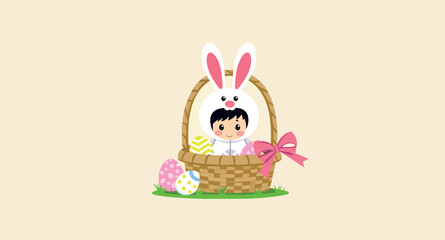 happy child in a bunny costume inside a basket with easter eggs