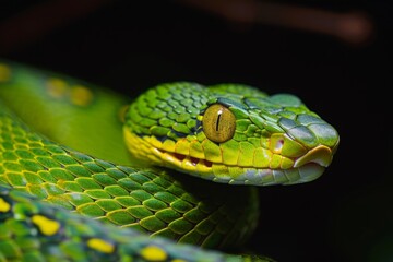 A vibrant green ratsnake Gonyosoma oxycephalum displayed in its natural habitat, showcasing intricate scales and captivating eyes during a daytime observation