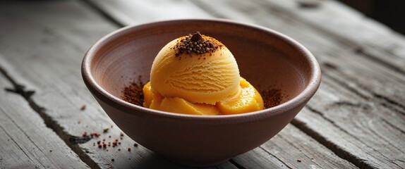 Traditional Clay Bowl with Mango Sorbet and Culinary Spices on Rustic Table