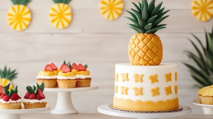 Pineapple Themed Dessert Table with Cakes and Cupcakes for a Festive Celebration