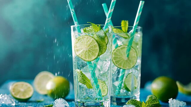 Refreshing lime mojitos in bright glasses with mint leaves and ice on a blue background