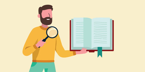 bearded man examines an open book with a magnifying glass