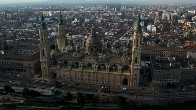 Zaragoza Cathedral of Pilar aerial view over the river and the city. High quality 4k footage