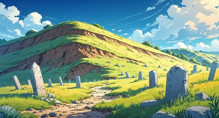 Obraz premium Eroded hill with scattered stone markers and sparse vegetation anime cartoon style illustration artwork design background