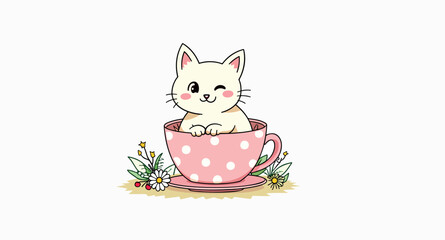 adorable cartoon cat sitting in a pink polka-dotted teacup