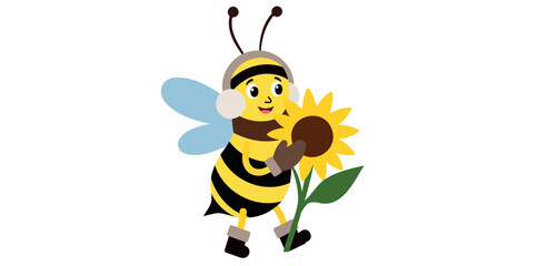 cheerful cartoon bee in winter clothing gently holding a sunflower