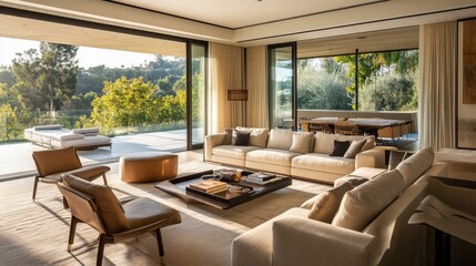 Obraz premium 108.A modern living room with a neutral palette, a comfortable L-shaped sofa, a statement armchair, and large sliding glass doors leading to an outdoor terrace.