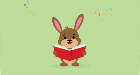 cheerful brown rabbit joyfully reading a red book