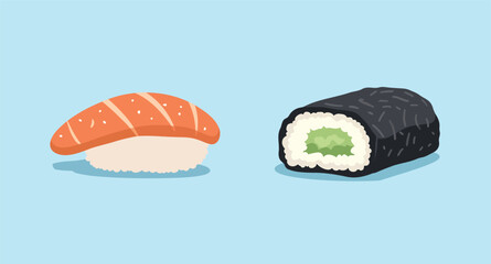 close-up view of a salmon nigiri and avocado maki sushi pieces © Rysak