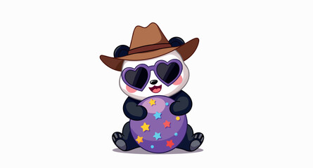 playful panda in cowboy hat holding decorated easter egg