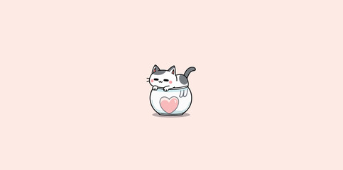 adorable cartoon cat resting in a heart-shaped mug