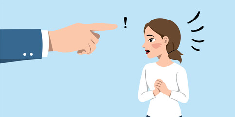 pointing hand gestures towards a startled young woman who is showing signs of nervousness and fear