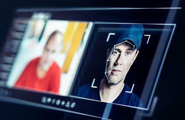 Deep fake. Deepfake AI fraud video or theft. Face recognition or swap. Photo edit with artificial intelligence. Personality and identity scam. Impersonating technology.