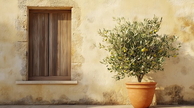 99.A serene exterior scene with light beige walls, a wooden window frame, and a lush olive tree in a terracotta pot, all bathed in the golden light of the Mediterranean sun.