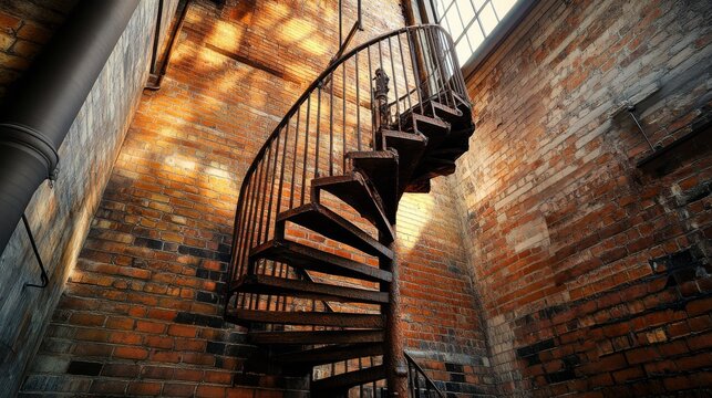 17.A wide-angle shot of an industrial spiral staircase spiraling upward against a brick wall, with dramatic sunset colors streaming through a nearby window.