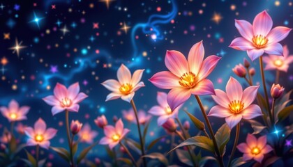 Obraz premium Celestial Blooms Flowers shaped like stars floating softly in a night sky illuminated with cosmic colors.