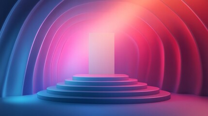 95.A sleek product mockup design with a gradient pastel backdrop, a minimalist staircase curving gently, and a blank pedestal at the center surrounded by soft light.