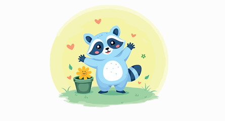 cheerful raccoon with flower in pot