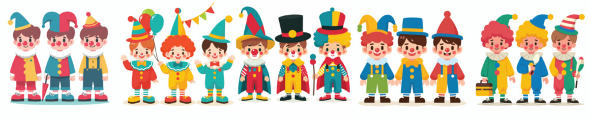 a set of vectors of boys wearing clown costumes