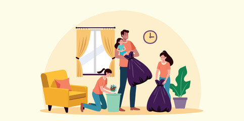 happy family actively participates in household cleaning chores together