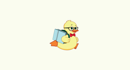 cheerful yellow duck wearing glasses and a red bow tie carries a backpack full of books
