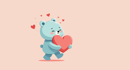 light blue bear carrying a large red heart surrounded by smaller red hearts.