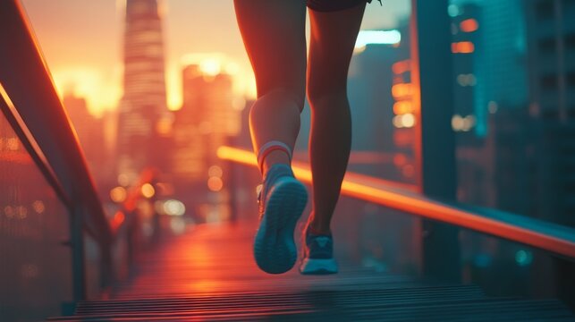 30.A close-up of a sporty Asian womanâ€™s legs as she jogs up stairs, her sneakers and athletic gear in sharp focus, with a blurred city background glowing in the sunrise.