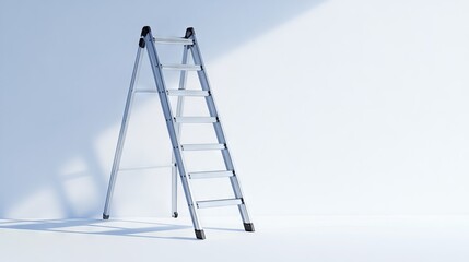 4.A professional-grade steel ladder with non-slip rungs and reinforced joints, standing upright against a pristine white backdrop, its shadow angled slightly to the right.