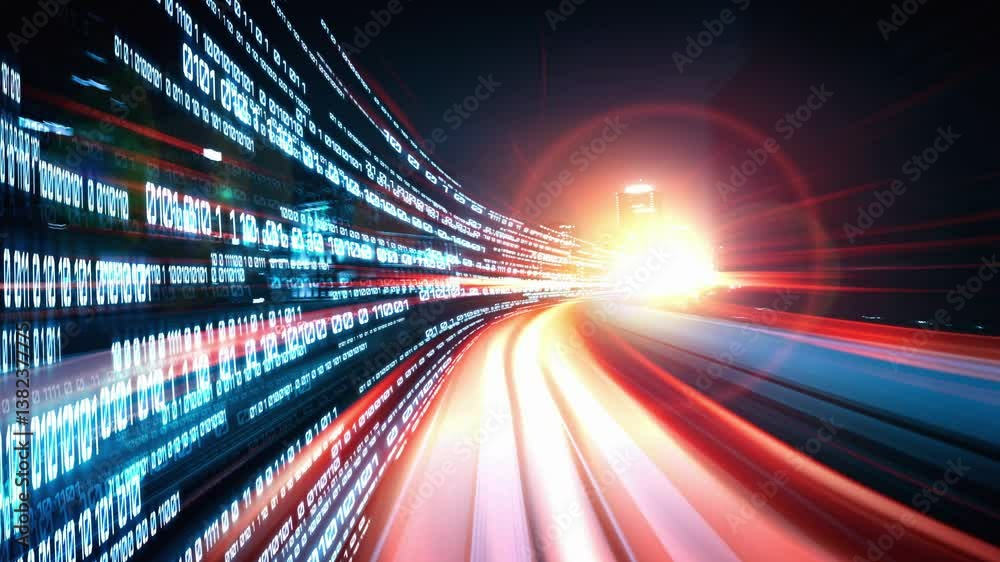 Poster loopable video of digital data flow on road in concept of program coding with graphic creating visio