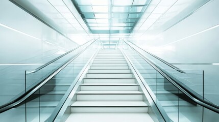 Obraz premium 77.A striking composition of white stairs ascending in a straight line, bordered by polished glass railings, with reflections adding a sleek, contemporary feel.