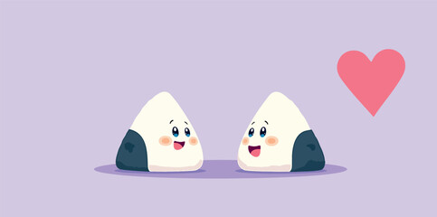 two cheerful cartoon rice balls with a heart between them