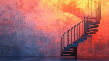 14.A striking silhouette of a modern spiral staircase winding elegantly against a textured wall, bathed in warm sunset hues of orange and pink.