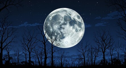 Fototapeta premium Full moon over a silhouette of bare trees in an eerie night sky anime cartoon style illustration artwork design background